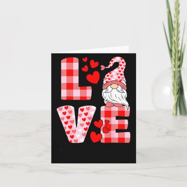 Tarjeta Love Gnome Valentines Day Red Buffalo Plaid Leopar (Anverso)