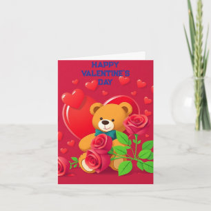 Tarjeta Love Hearts Teddy Bear y Rosas Día de San Valentín