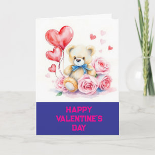 Tarjeta Love Hearts Teddy Bear y Rosas Día de San Valentín