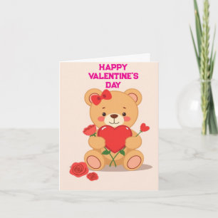 Tarjeta Love Hearts Teddy Bear y Rosas Día de San Valentín