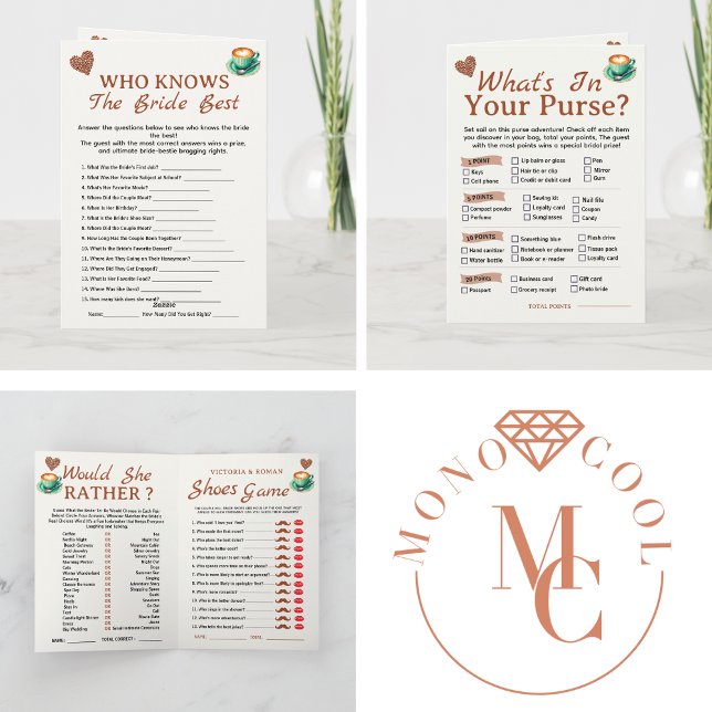 Tarjeta Love Is Brewing Bridal Shower Party 4 Games Fun (love is brewing bridal shower party games, warm terracotta, mocha brown, soft neutral tones, winter)