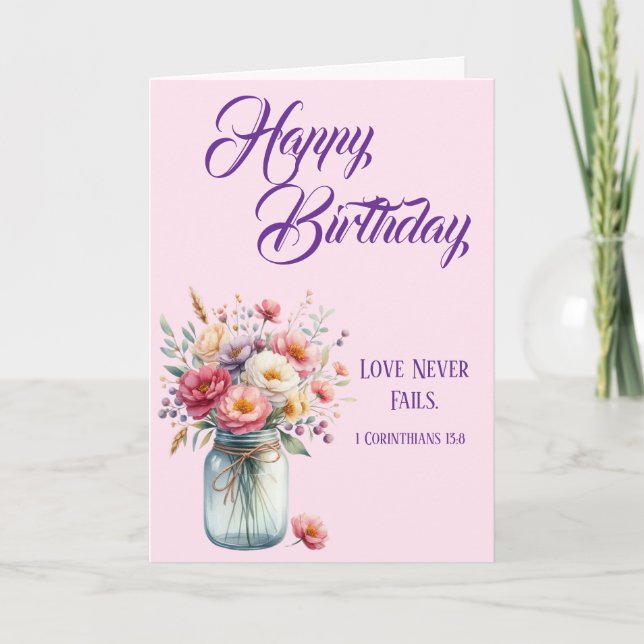 Tarjeta Love Never Fails Christian Birthday Greetings (Anverso)