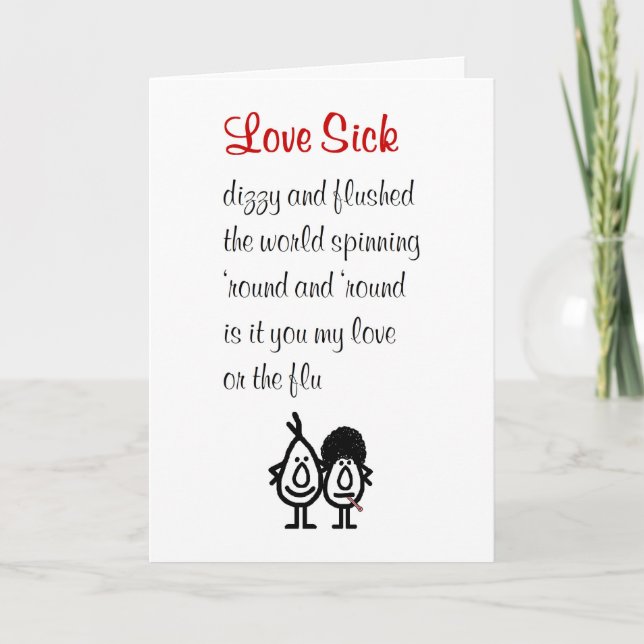 Tarjeta Love Sick, un poema divertido para el que amas (Anverso)