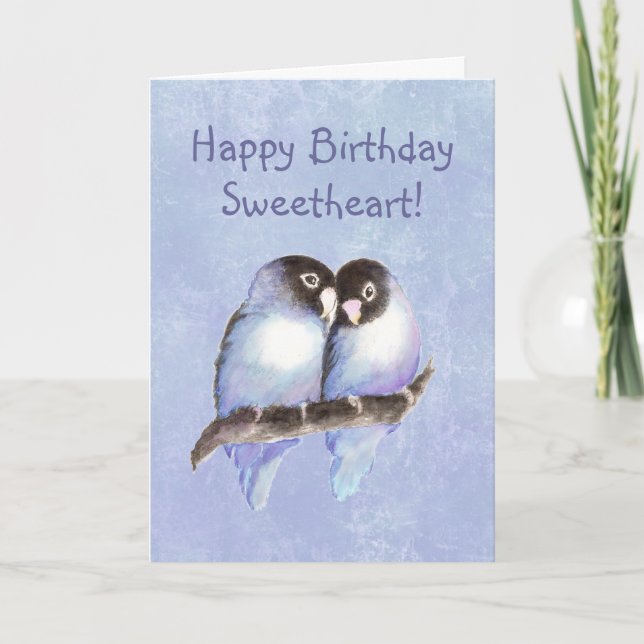 Tarjeta Lovebirds del azul del amor del feliz cumpleaños (Anverso)