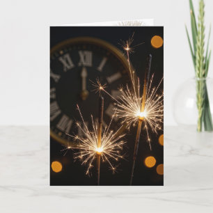 Tarjeta Luces de Año Nuevo en un reloj de medianoche