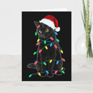 Tarjeta Luces de árbol de Navidad de gato negro divertido