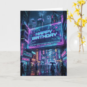 Tarjeta Luces de ciudad neón Cumpleaños ciberpunk feliz