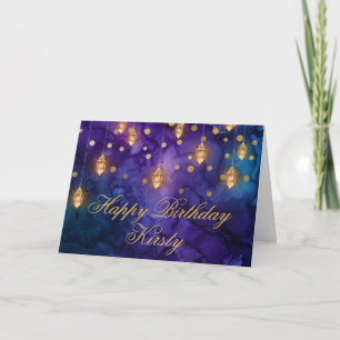 Tarjeta Luces de cumpleaños con efecto bokeh y faroles had
