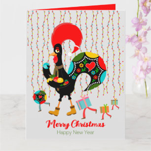 Tarjeta Luces de Navidad, adornos, regalos y Gallo