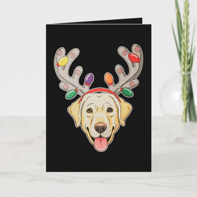 Tarjeta Luces de Navidad Cuerno de Reno Perro Labrador (Anverso)