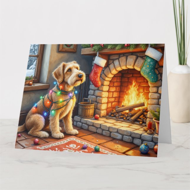 Tarjeta Luces de Navidad de Chimenea de Terrier Airedale (Anverso)