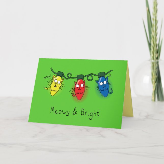 Tarjeta Luces de Navidad de Gato Divertidas Meowy y Brilla (Anverso)