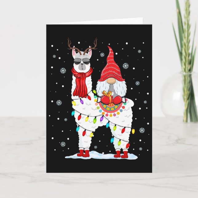 Tarjeta Luces de Navidad de Gnomos de Santa Cabalgando Ren (Anverso)