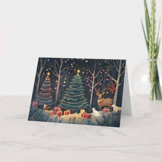 Tarjeta Luces de navidad en Snowy Woodland (Anverso)