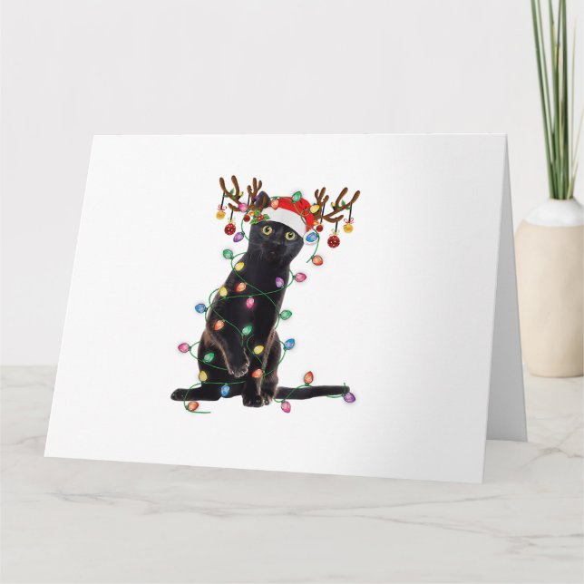Tarjeta Luces De Navidad Gato Negro Reno Amor De Gato Dive (Anverso)