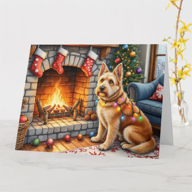 Tarjeta Luces de Navidad junto a la Chimenea con Bouviers  (flor amarilla)