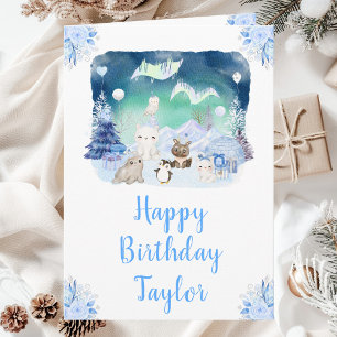 Tarjeta Luces del Norte Animales Árticos Feliz Cumpleaños