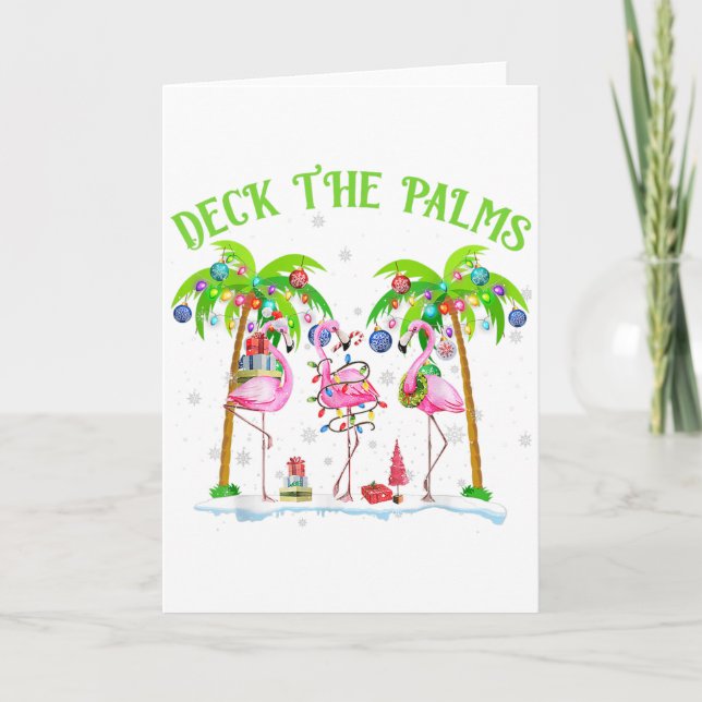 Tarjeta Luces Navideñas Tropicales de Flamencos Deck The P (Anverso)