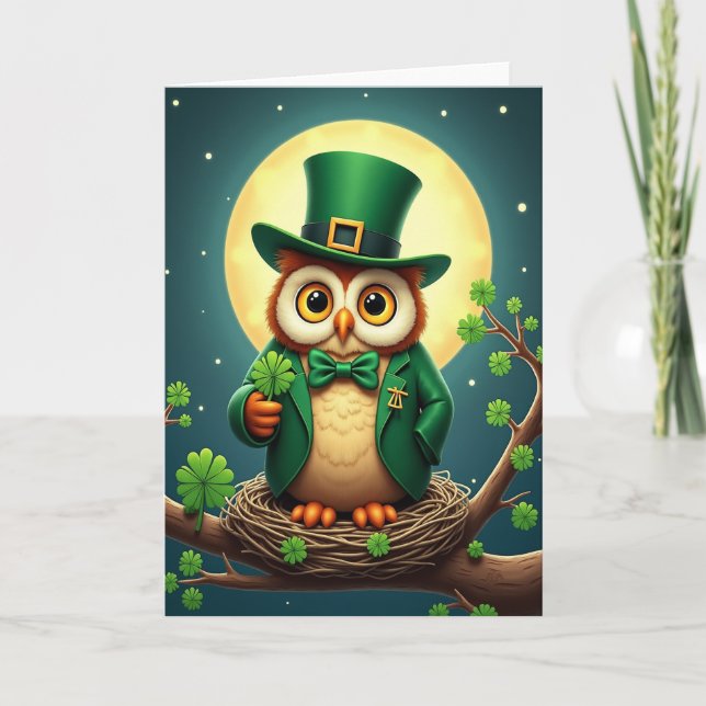 Tarjeta Lucky Owl Festive Green Card (Anverso)