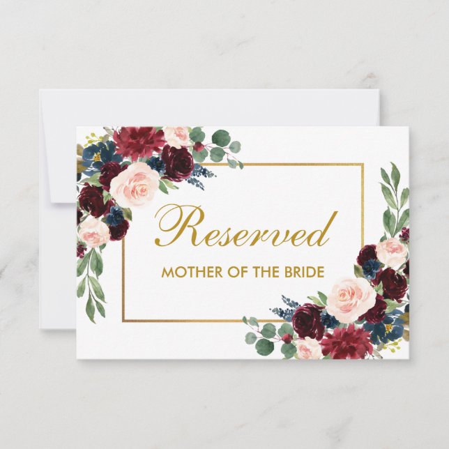 Tarjeta Lugar reservado para los Bodas Floral Burgundy Blu (Anverso)