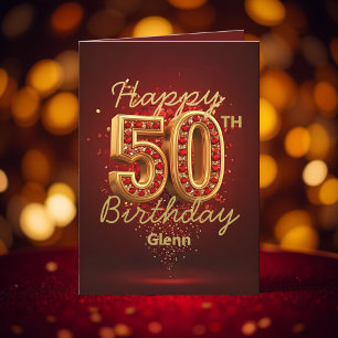 Tarjeta Lujoso oro y Gemstone rojo profundo 50 cumpleaños