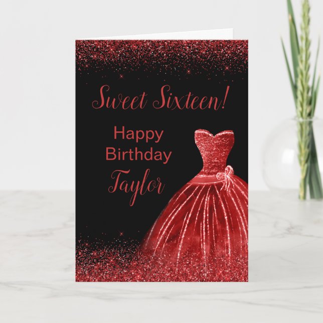 Tarjeta Luminoso vestido rojo Faux Purpurina Sweet 16 cump (Anverso)