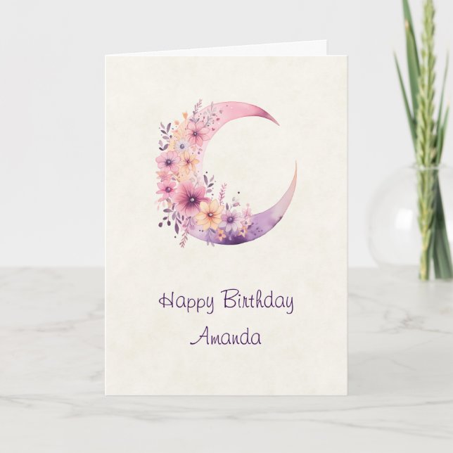 Tarjeta Luna de Creciente Rosa con Flores de Bonito Cumple (Anverso)