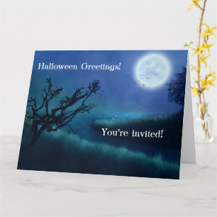 Tarjeta Luna de Halloween de noche en tonos azules y verde