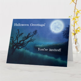 Tarjeta Luna de Halloween de noche en tonos azules y verde