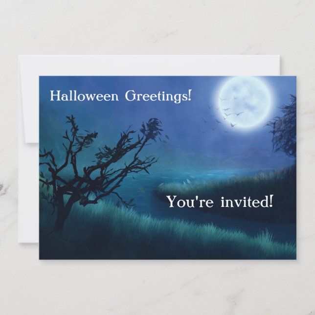 Tarjeta Luna de Halloween de noche en tonos azules y verde (Anverso)