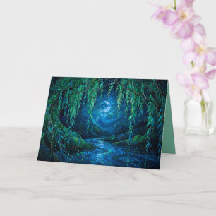 Tarjeta Luna de Sauce Fluyendo Río Noche Verde Azul