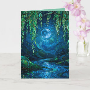 Tarjeta Luna de Sauce Fluyendo Río Noche Verde Azul