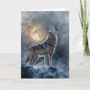 Tarjeta Luna de solsticio de invierno y lobo en niebla mís