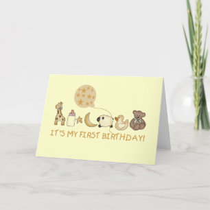 Tarjeta Luna, estrellas y animales Primer cumpleaños