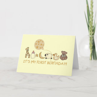 Tarjeta Luna, estrellas y animales Primer cumpleaños