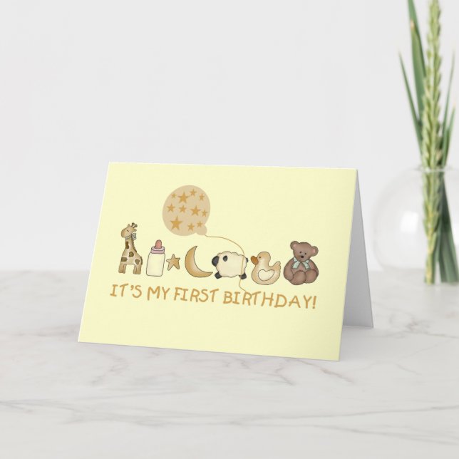 Tarjeta Luna, estrellas y animales Primer cumpleaños (Anverso)