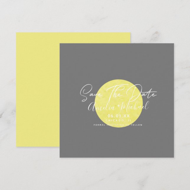 Tarjeta Luna Gris Amarillo Moderno Salvar la Fecha (Anverso / Reverso)