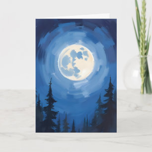 Tarjeta Luna Llena Pintura Acuarela Bosque Cielo Nocturn
