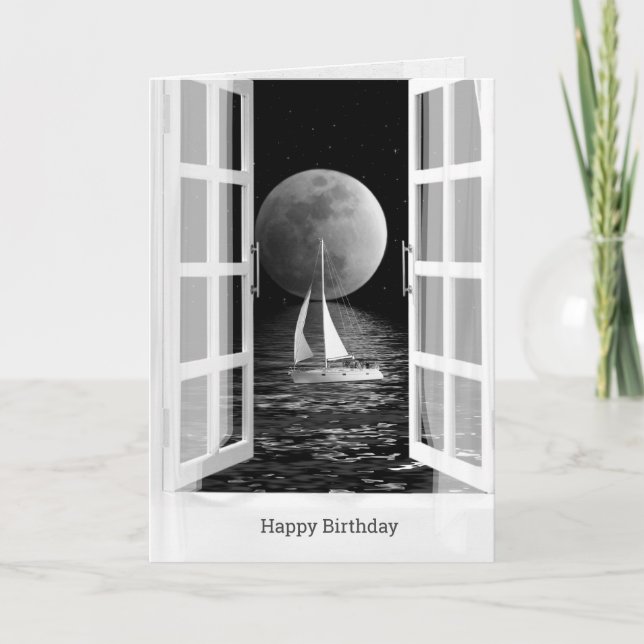 Tarjeta Luna llena y velero en el cumpleaños del océano (Anverso)