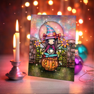 Tarjeta Luna sonrojada de Halloween Arte de bruja linda