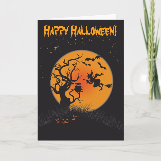 Tarjeta Luna y bruja 2 del feliz Halloween (Anverso)