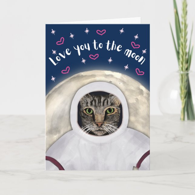 Tarjeta Luna y espalda de gato gracioso Día de San Valentí (Anverso)