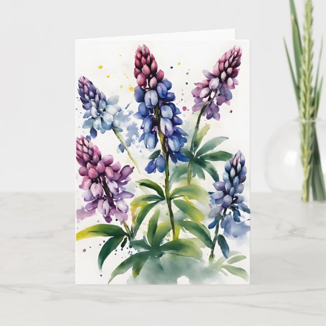 Tarjeta Lupin - Flores acuarela (Anverso)