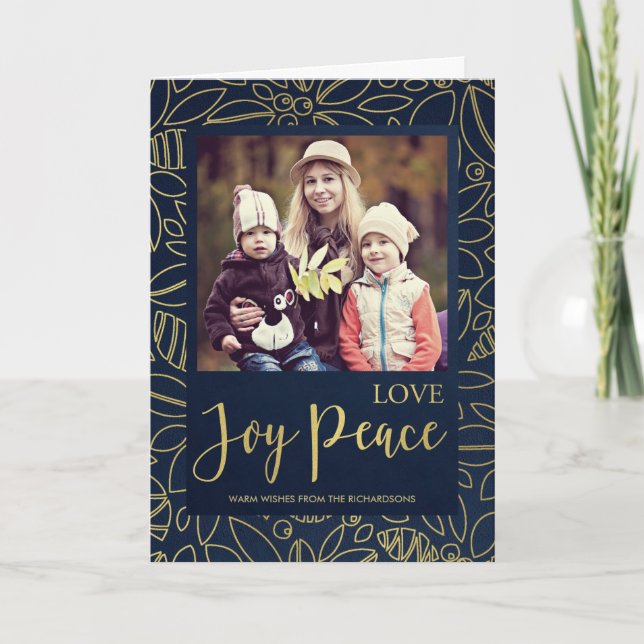 TARJETA LUXE NAVY GOLD HOLLY BERRIES LOVE JOVE PEACE FOTO (Anverso)