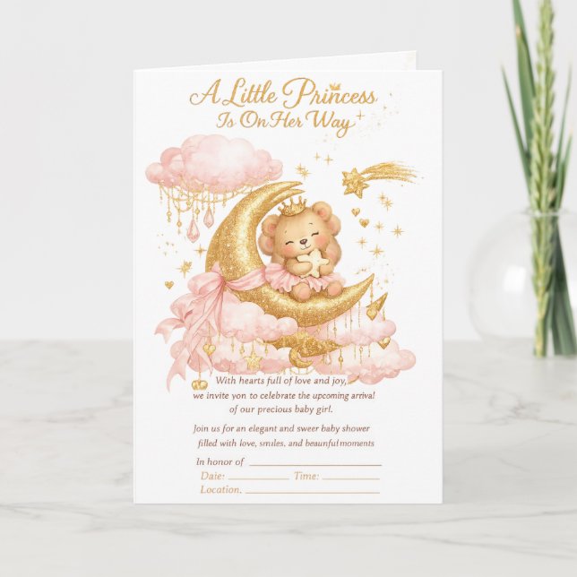 Tarjeta Luxury Baby Girl Shower Invitation Pink Gold Moon  (Anverso)
