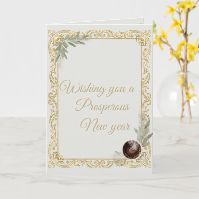 Tarjeta Luxury Gold Leaf & Pine Elegant New Year Folded Gr (flor amarilla)
