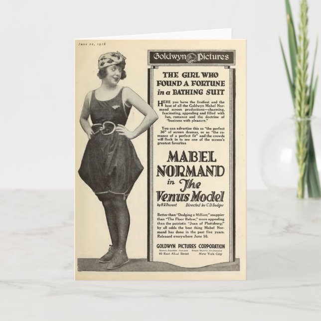 Tarjeta Mabel Normand 1918 traje de baño retrato silencios (Anverso)