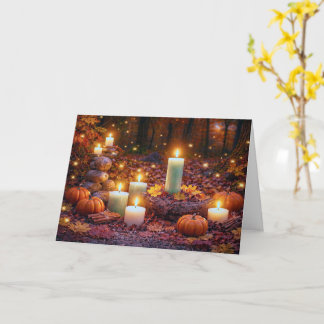 Tarjeta Mabon del Equinoccio de Otoño con Velas en el Bosq