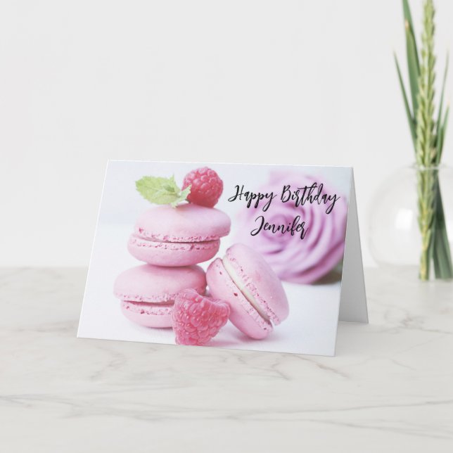 Tarjeta Macarones rosados y frambuesas rojas Cumpleaños (Anverso)