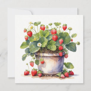 Tarjeta Maceta de acuarela con plantas de fresa